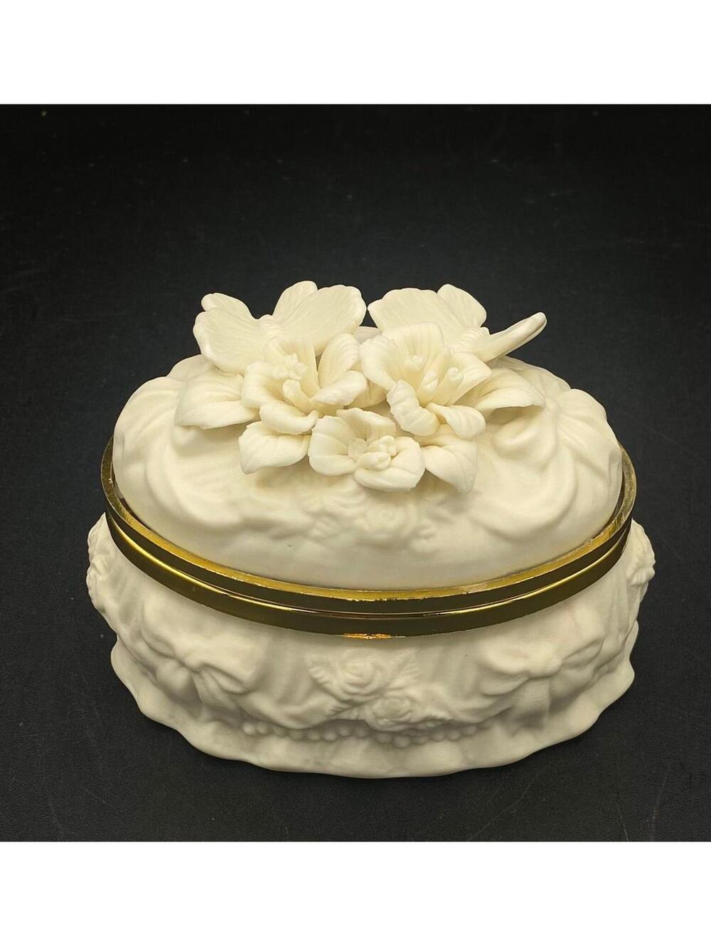 Vintage White Porcelain Floral Trinket Box Gold Trim Hinged Jewelry Ring Box